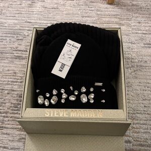 Steve Madden Black Knit Hat with Gem Accents and Scarf in a gift box